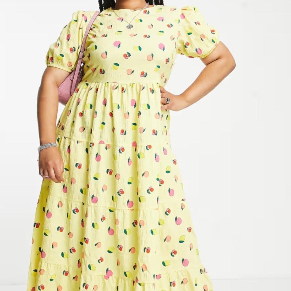 ASOS Neon Rose Curve open back midi dress in lemon fruit print 24UK NWT